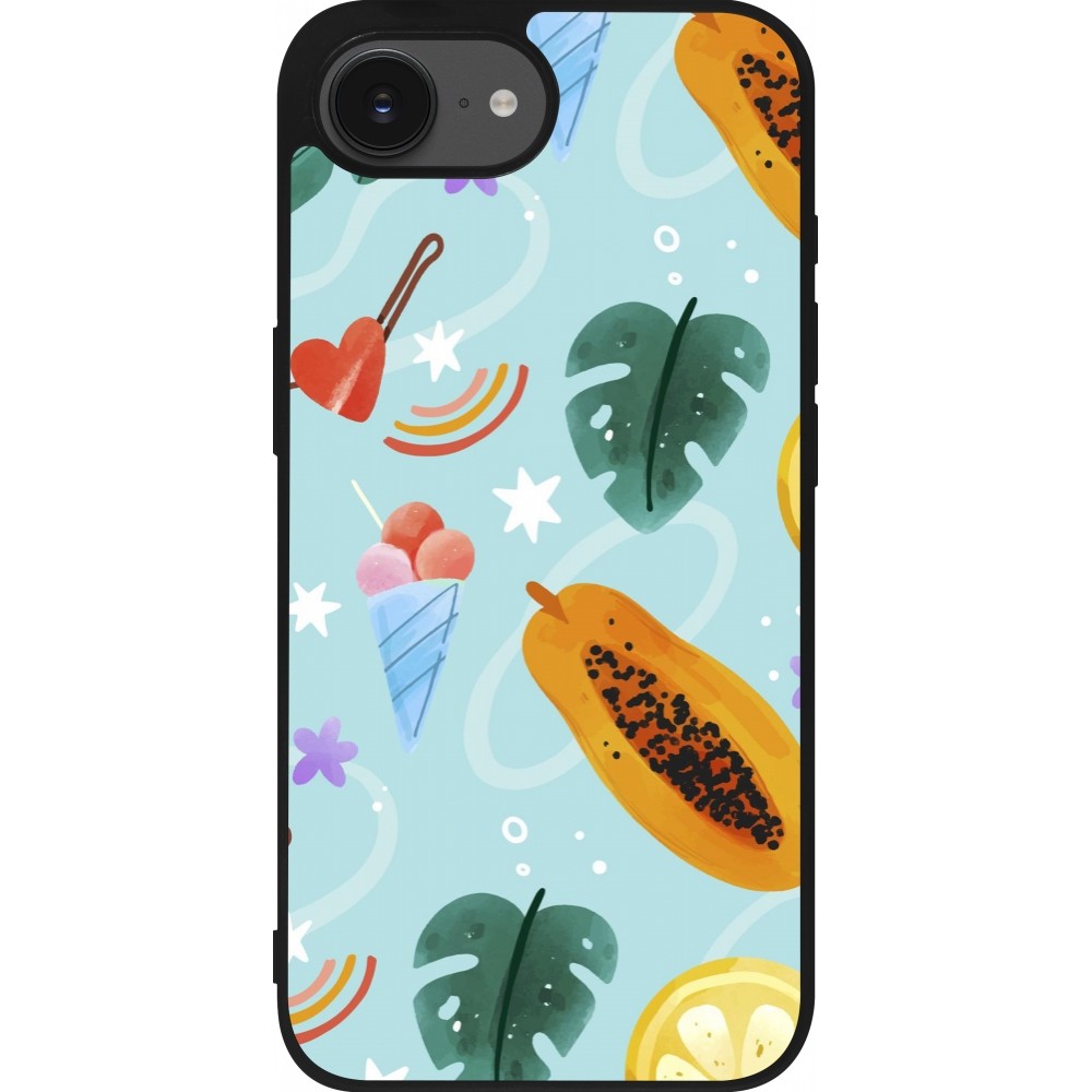 Coque iPhone 16e - Silicone rigide noir Summer 2025 Pattern papaya
