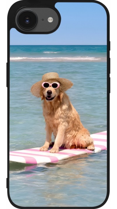 Coque iPhone 16e - Silicone rigide noir Summer Dog on Paddle