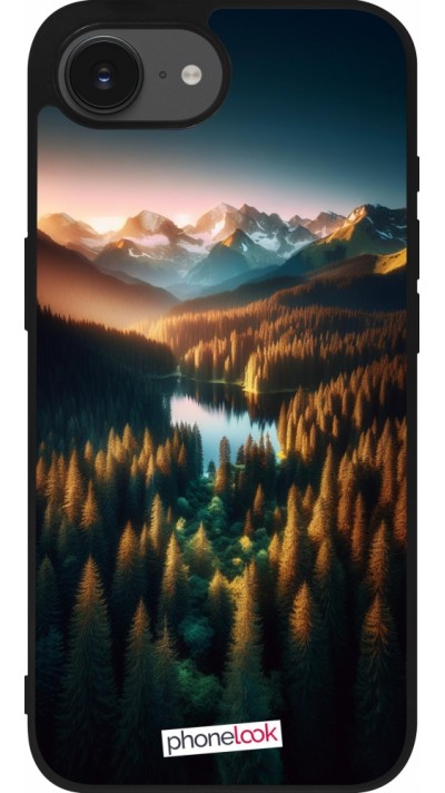 Coque iPhone 16e - Silicone rigide noir Sunset Forest Lake