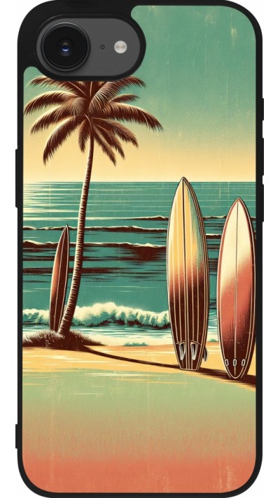 Coque iPhone 16e - Silicone rigide noir Surf Paradise