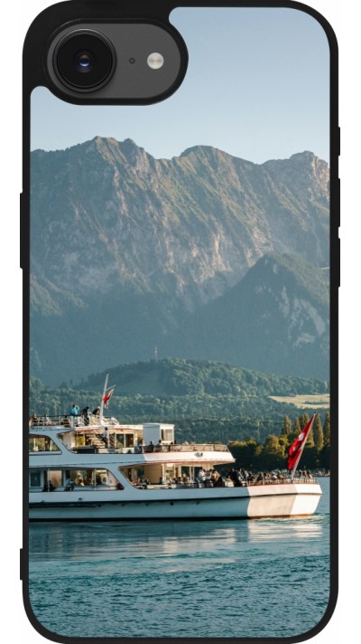 Coque iPhone 16e - Silicone rigide noir Fête Nationale Suisse Bateau Leman