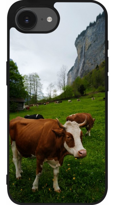 Coque iPhone 16e - Silicone rigide noir Fête Nationale Suisse Vaches