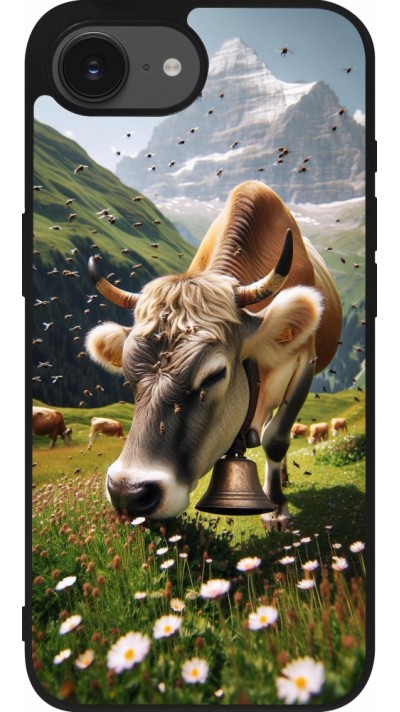 Coque iPhone 16e - Silicone rigide noir Vache montagne Valais