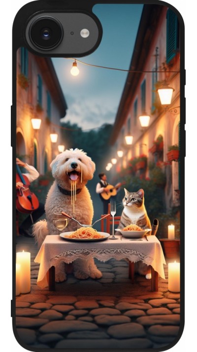Coque iPhone 16e - Silicone rigide noir Valentine 2024 Dog & Cat Candlelight