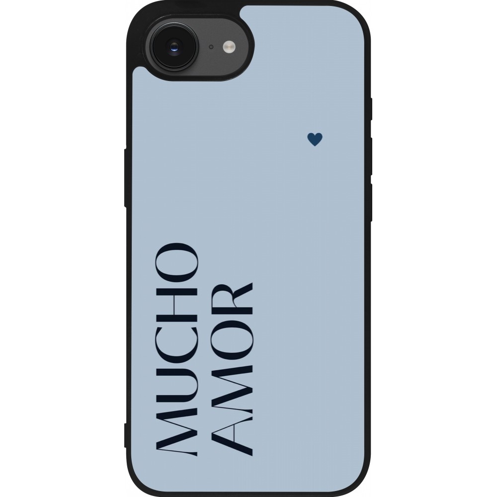 Coque iPhone 16e - Silicone rigide noir Valentine 2024 mucho amor azul