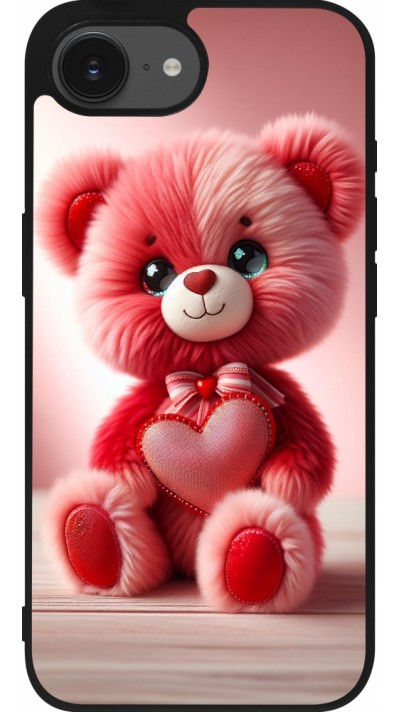 Coque iPhone 16e - Silicone rigide noir Valentine 2024 Ourson rose