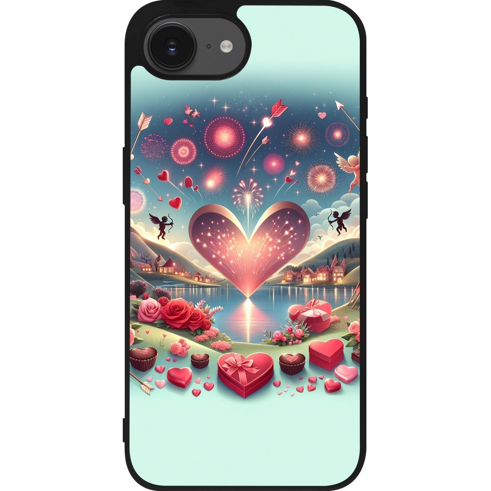 Coque iPhone 16e - Silicone rigide noir Valentine 2025 Chic