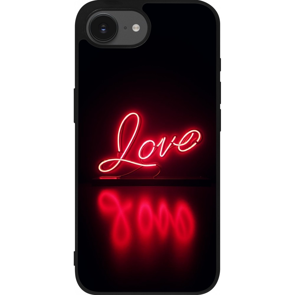 Coque iPhone 16e - Silicone rigide noir Valentine 2025 Neon Love