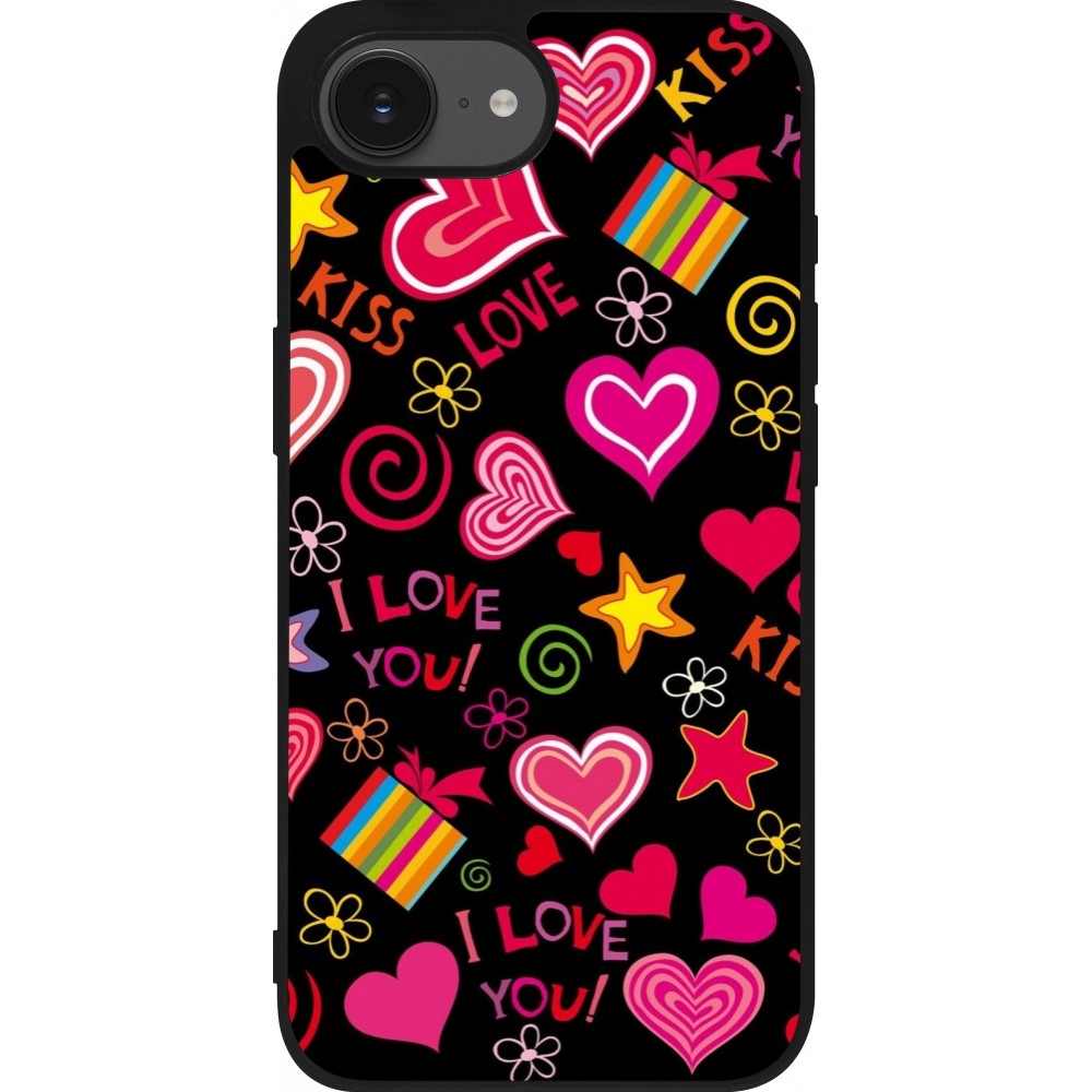 Coque iPhone 16e - Silicone rigide noir Valentine 2023 love symbols