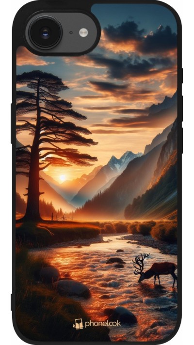 Coque iPhone 16e - Silicone rigide noir Valley Sunset Deer Tree