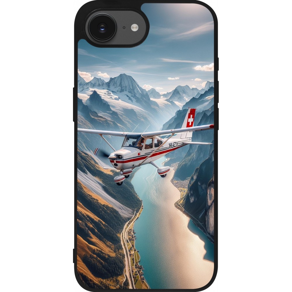 Coque iPhone 16e - Silicone rigide noir Vol Alpin Suisse