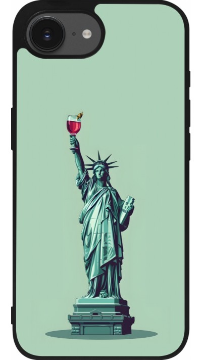 Coque iPhone 16e - Silicone rigide noir Wine Statue de la liberté avec un verre de vin