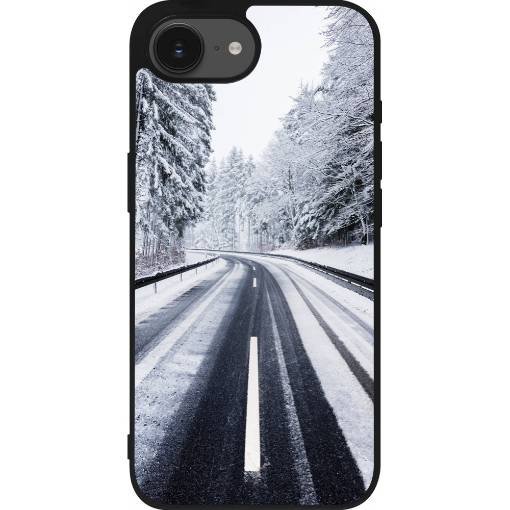 Coque iPhone 16e - Silicone rigide noir Winter 22 Snowy Road
