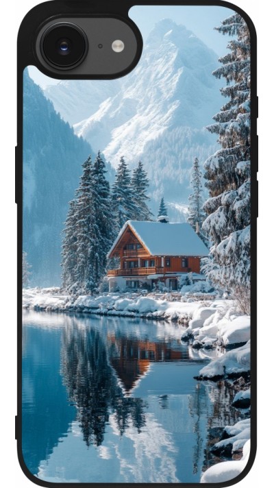 Coque iPhone 16e - Silicone rigide noir Winter 25 Winter house forest day