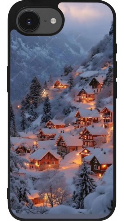 Coque iPhone 16e - Silicone rigide noir Winter 25 Winter snowy village