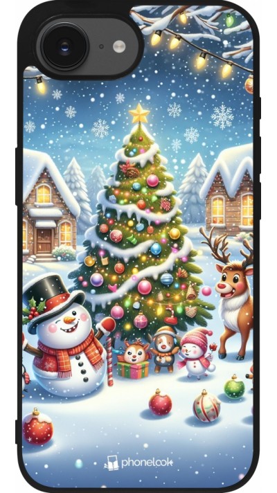 Coque iPhone 16e - Silicone rigide noir Noël 2023 bonhomme de neige et sapin