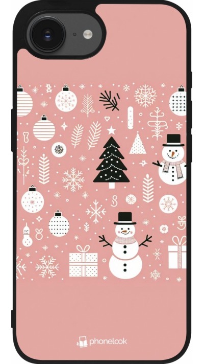 Coque iPhone 16e - Silicone rigide noir Noël 2024 Rose Snowman Christmas