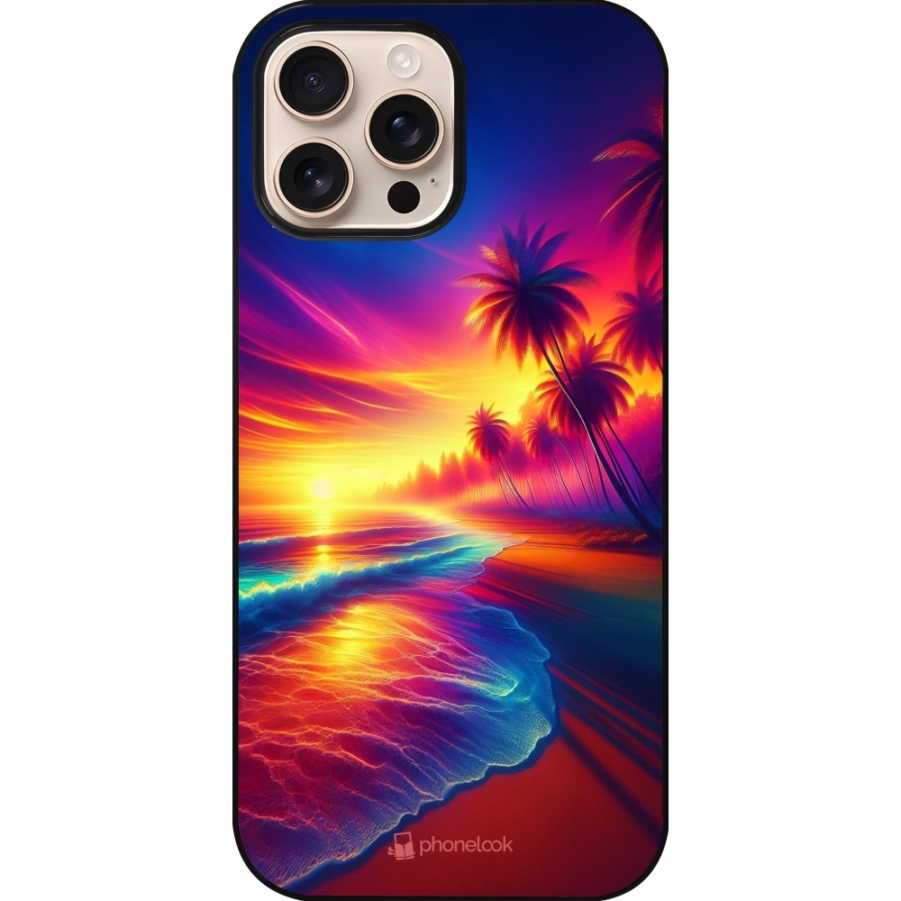 Coque iPhone 16 Pro Max - Plage coucher soleil flashy