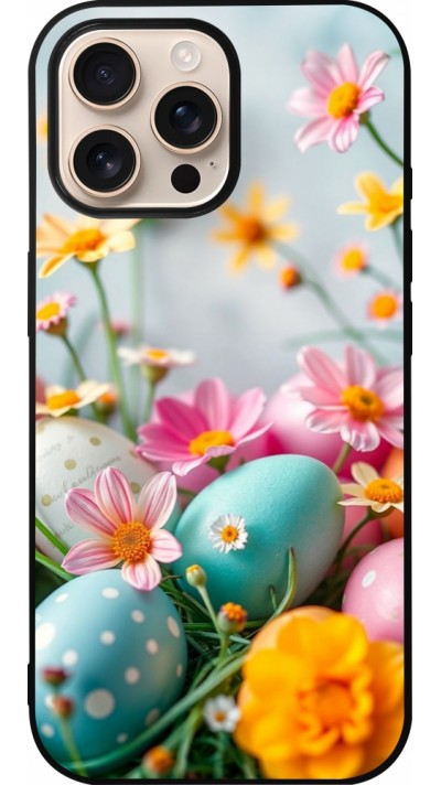 Coque iPhone 16 Pro Max - Silicone rigide noir Easter 2026 Eggs with flowers