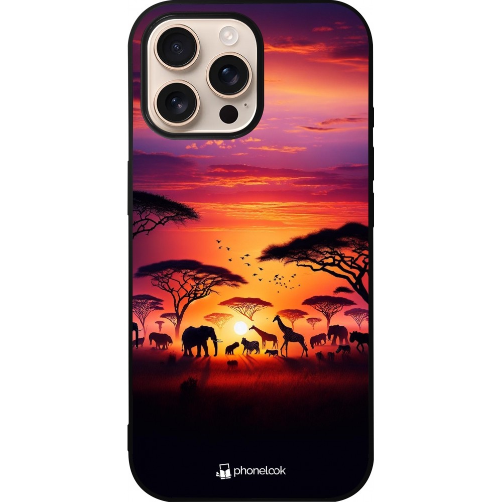 iPhone 16 Pro Max Case Hülle - Silikon schwarz Safari Sonnenuntergang Wildtiere