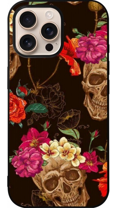 iPhone 16 Pro Max Case Hülle - Silikon schwarz Skulls and flowers