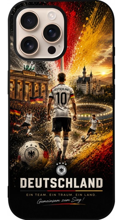 Coque iPhone 16 Pro Max - Silicone rigide noir Football Allemagne splash 2026