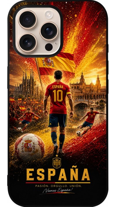 Coque iPhone 16 Pro Max - Silicone rigide noir Football Espagne splash 2026