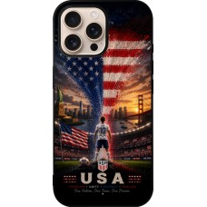 Coque iPhone 16 Pro Max - Silicone rigide noir Football États-Unis splash 2026