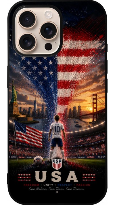 Coque iPhone 16 Pro Max - Silicone rigide noir Football États-Unis splash 2026