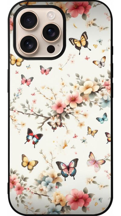 Coque iPhone 16 Pro Max - Silicone rigide noir Spring 25 Papillons Légers