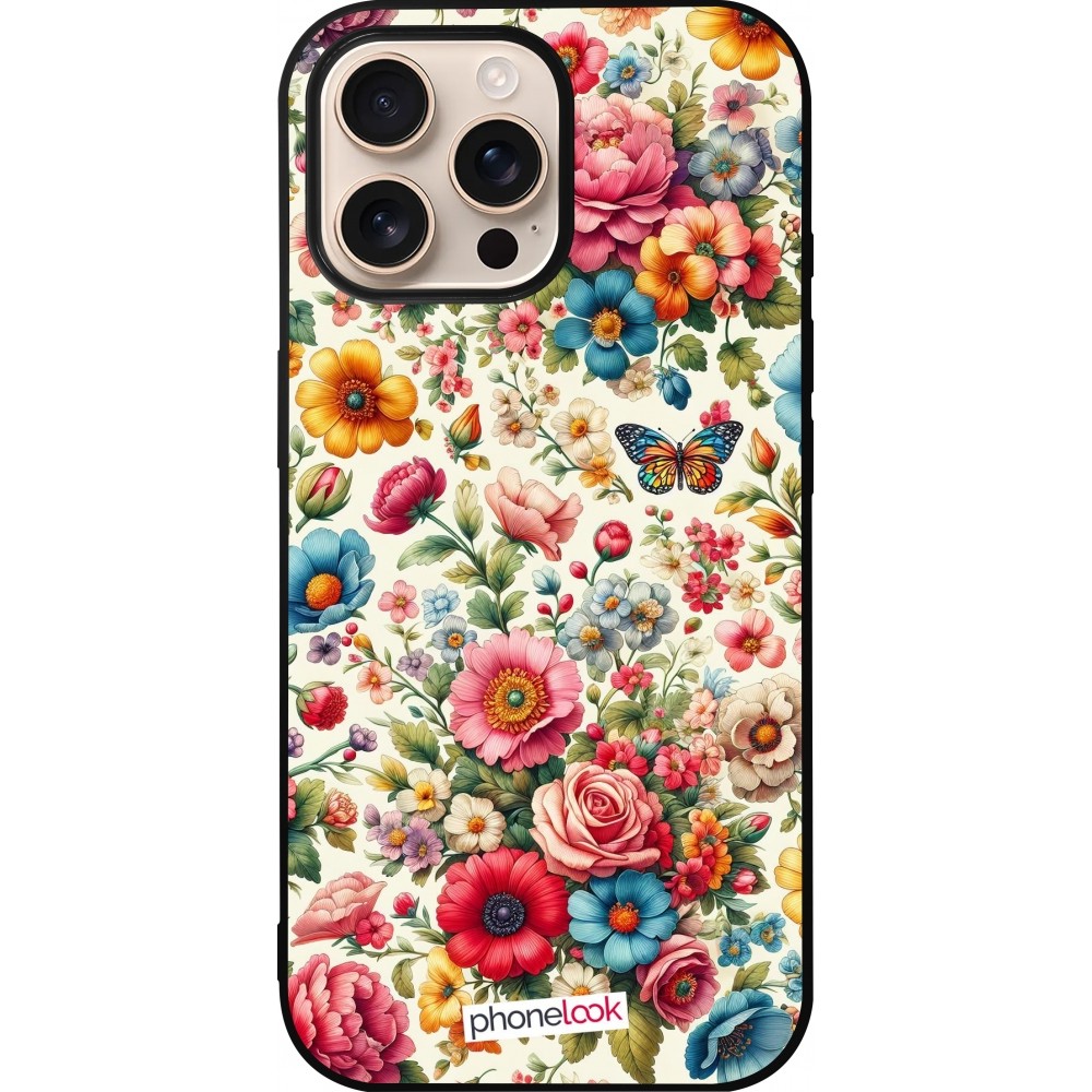Coque iPhone 16 Pro Max - Silicone rigide noir Spring 25 printemps fleuri