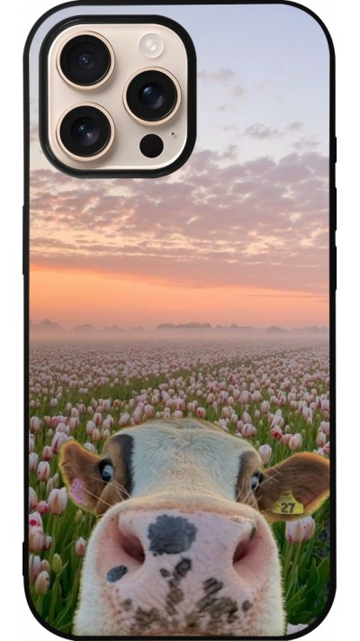 Coque iPhone 16 Pro Max - Silicone rigide noir Cow with tulips 2026