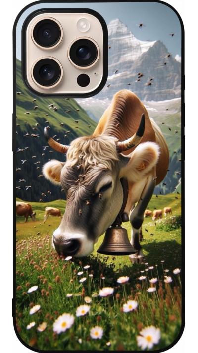 Coque iPhone 16 Pro Max - Silicone rigide noir Vache montagne Valais