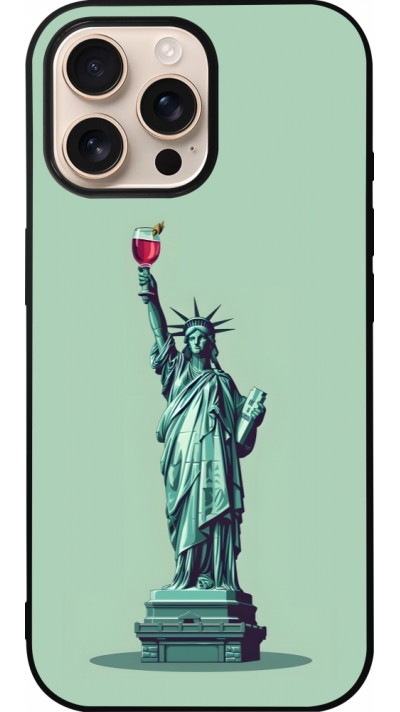 Coque iPhone 16 Pro Max - Silicone rigide noir Wine Statue de la liberté avec un verre de vin