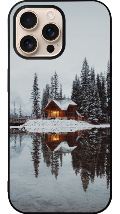 Coque iPhone 16 Pro Max - Silicone rigide noir Winter 25 Winter house forest afternoon