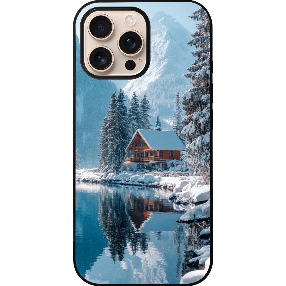 Coque iPhone 16 Pro Max - Silicone rigide noir Winter 25 Winter house forest day