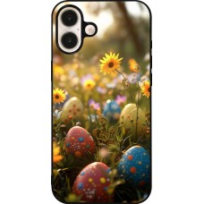 Coque iPhone 16 Plus - Silicone rigide noir Easter 2026 Decorated eggs