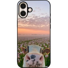 Coque iPhone 16 Plus - Silicone rigide noir Cow with tulips 2026