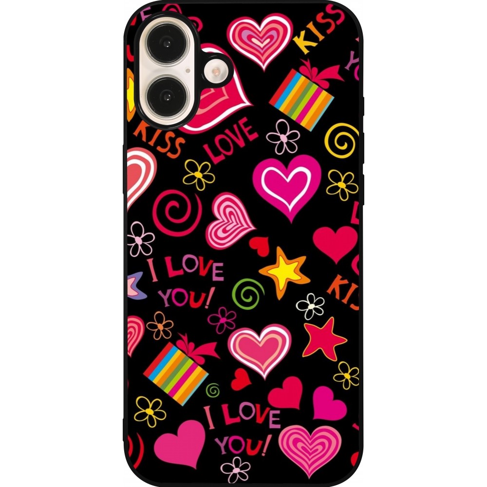iPhone 16 Plus Case Hülle - Silikon schwarz Valentine 2023 love symbols