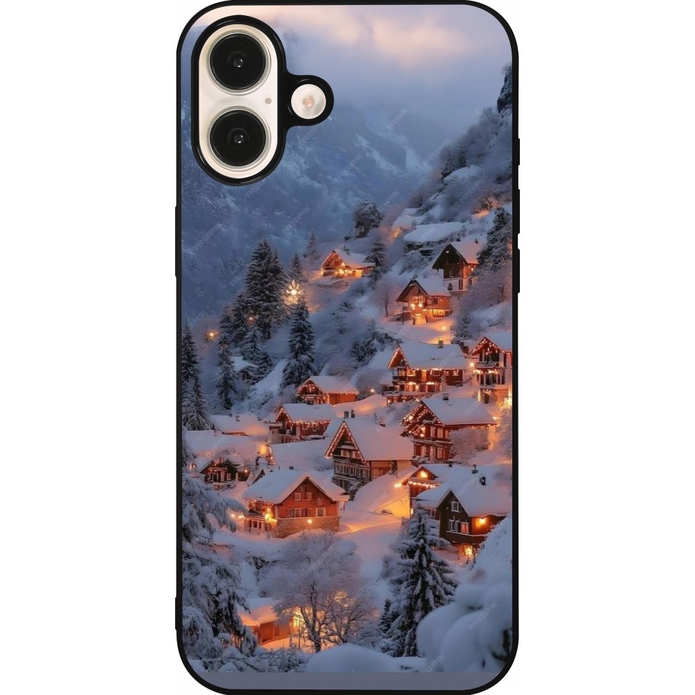 Coque iPhone 16 Plus - Silicone rigide noir Winter 25 Winter snowy village