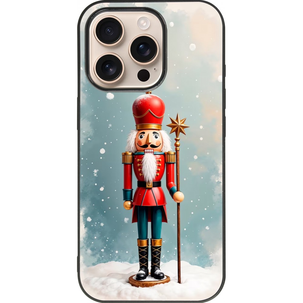 Coque iPhone 16 Pro - Silicone rigide noir Christmas 25 Nutcracker Snow