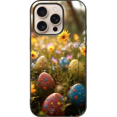 Coque iPhone 16 Pro - Silicone rigide noir Easter 2026 Decorated eggs