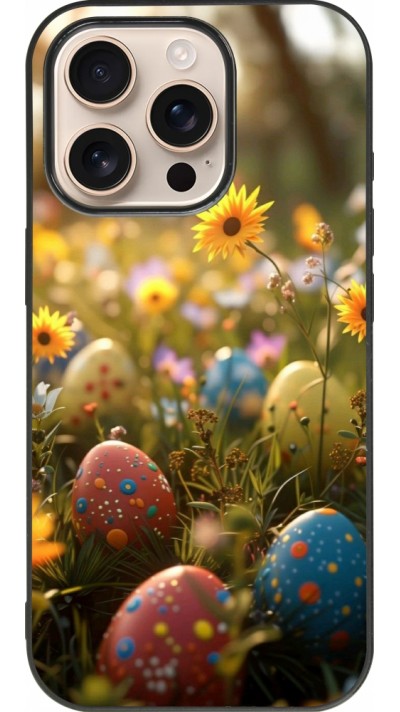 Coque iPhone 16 Pro - Silicone rigide noir Easter 2026 Decorated eggs
