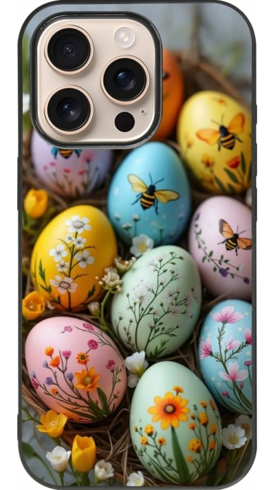 Coque iPhone 16 Pro - Silicone rigide noir Easter 2026 Eggs with bees