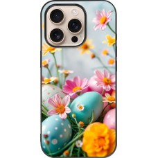 Coque iPhone 16 Pro - Silicone rigide noir Easter 2026 Eggs with flowers