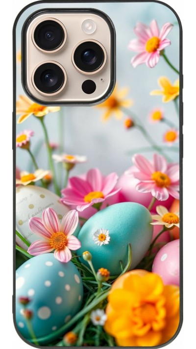 Coque iPhone 16 Pro - Silicone rigide noir Easter 2026 Eggs with flowers