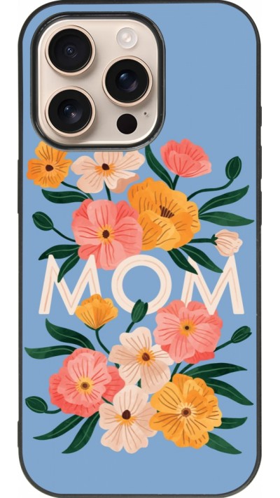 Coque iPhone 16 Pro - Silicone rigide noir Mom 2026 Flowers