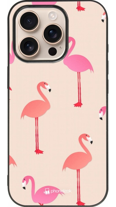 iPhone 16 Pro Case Hülle - Silikon schwarz Pink Flamingos Pattern