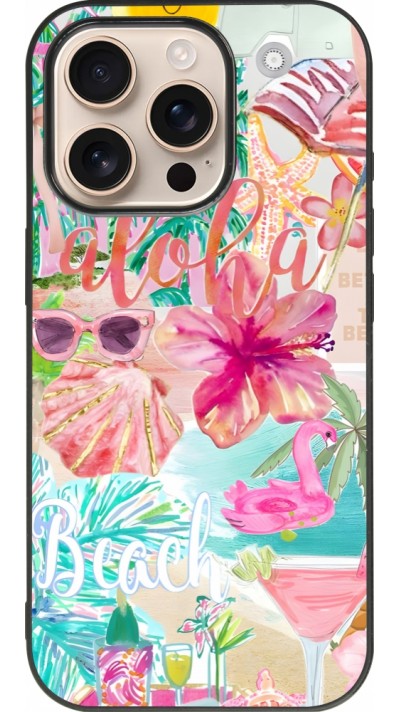 iPhone 16 Pro Case Hülle - Silikon schwarz Preppy Collage Aloha