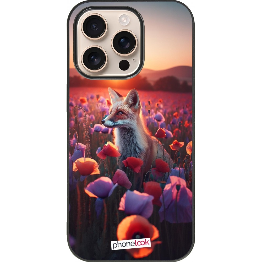 Coque iPhone 16 Pro - Silicone rigide noir Renard pourpre au crépuscule
